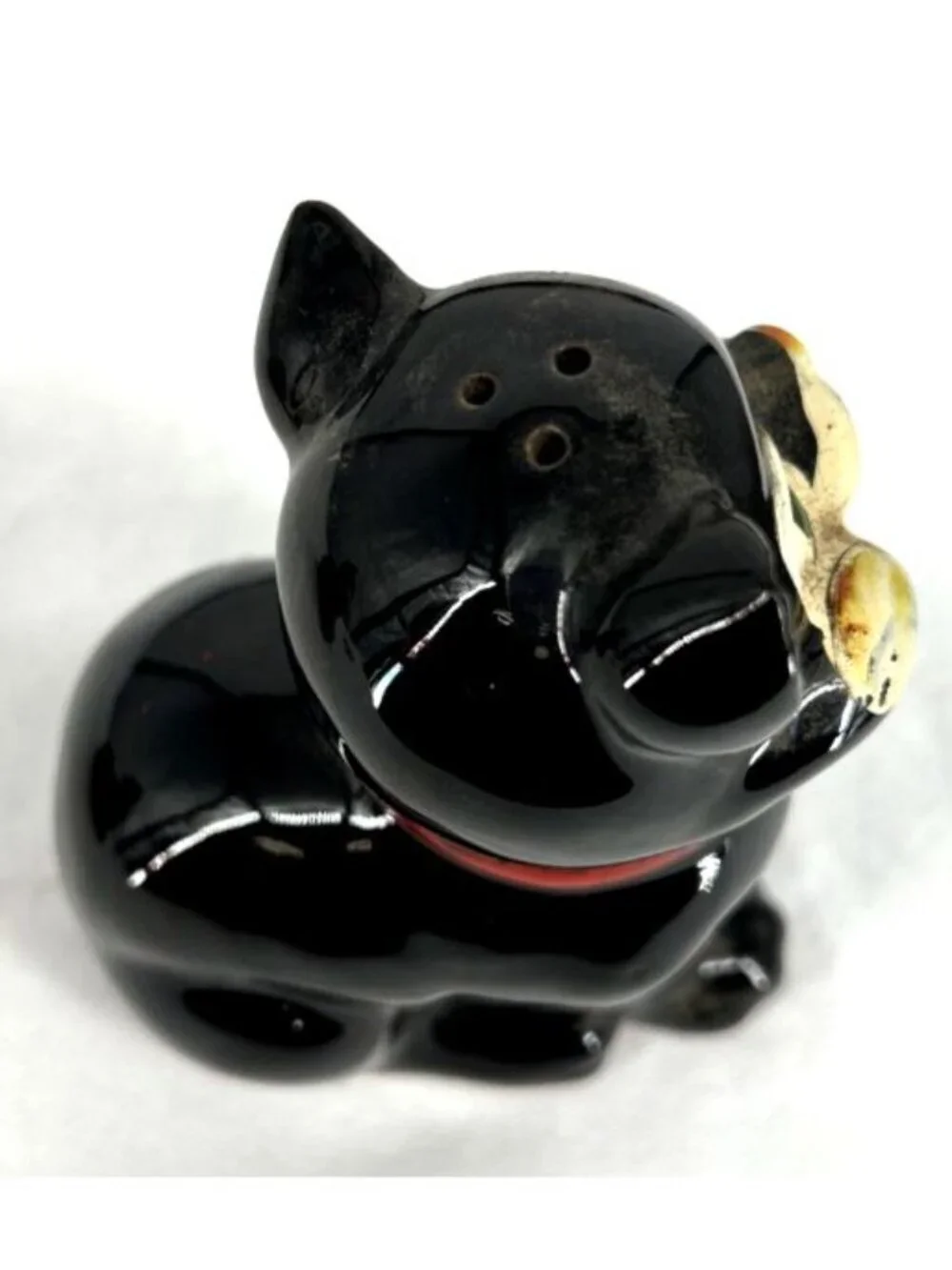 Black Cat Salt and Pepper Shakers Red Bows Ceramic Redware 4.75